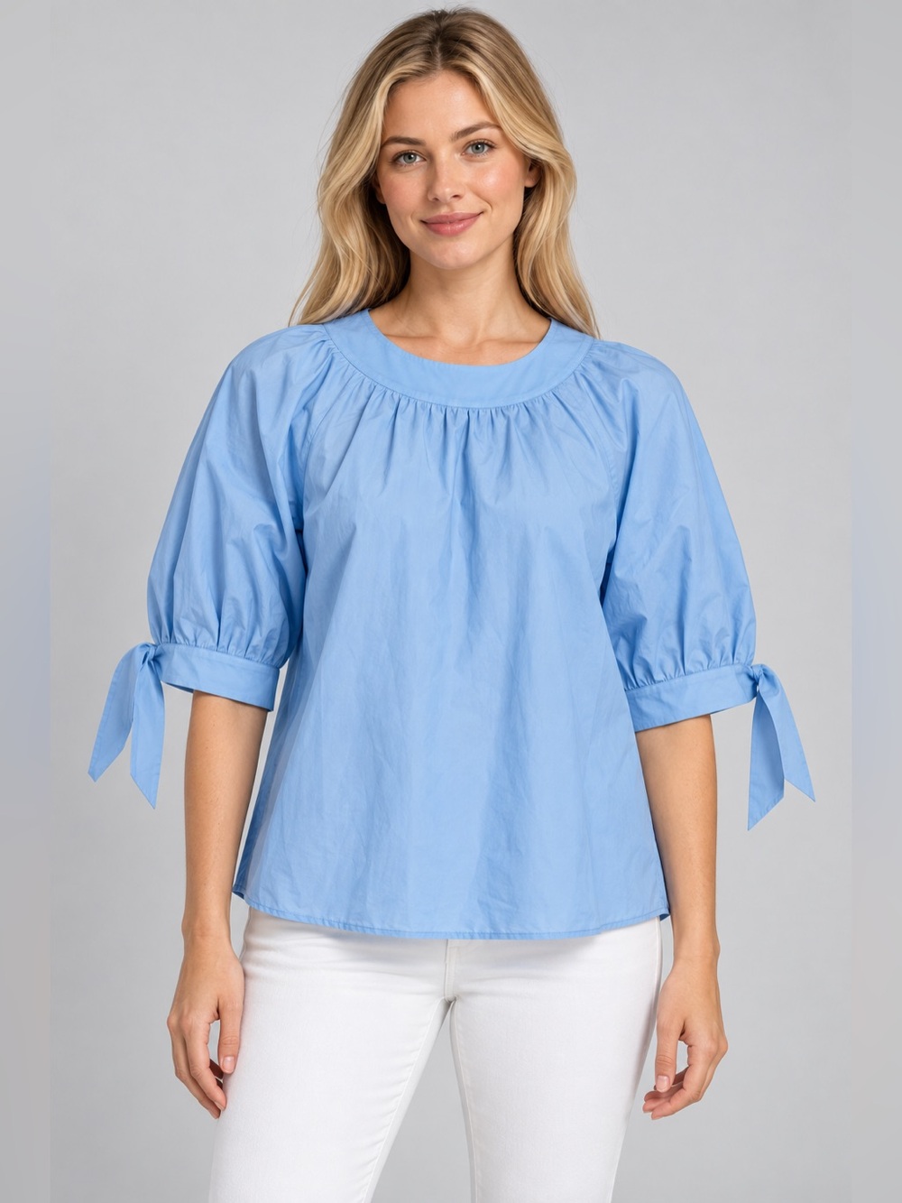 Pearl Lela Rose Light Blue Puff Sleeve Tie Cuff Blouse Relaxed Fit 34735